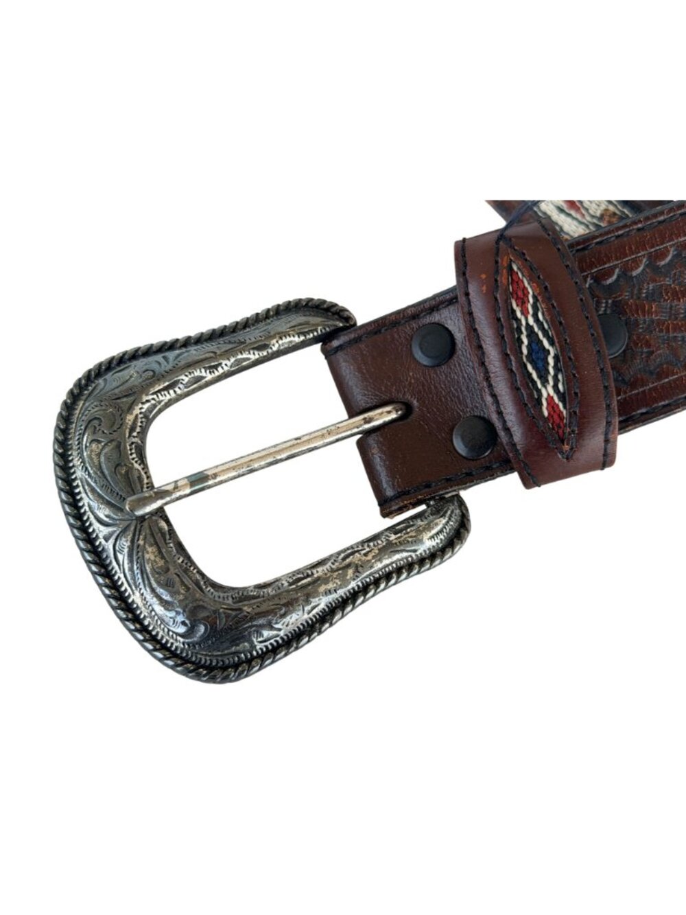 Vintage Wrangler Western Aztec Southwestern Brown Leather Belt Handmade Size 38 - Picture 3 of 11